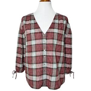 Madewell Tie Sleeve Red Plaid V Neck 3/4 Sleeve Buttondown Top S